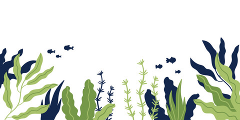 Underwater seaweed landscape with aquatic plants and small fish swimming in ocean environment, minimalist flat vector marine background template © Kay