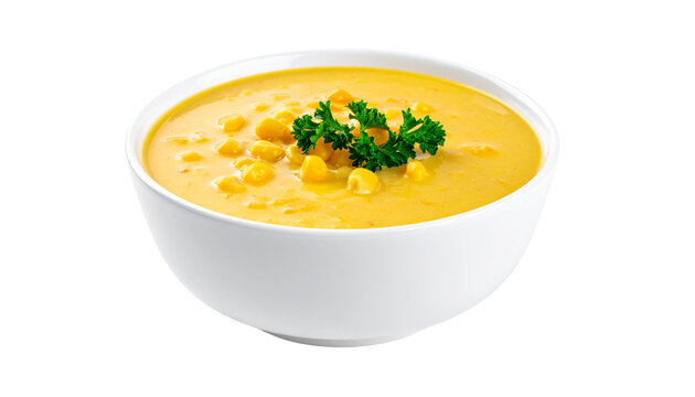 Golden sweet corn soup in a white bowl, garnished with parsley, isolated on transparent background.