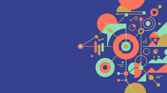 Abstract geometric pattern with circles, lines, and shapes in teal, orange, and gold on blue