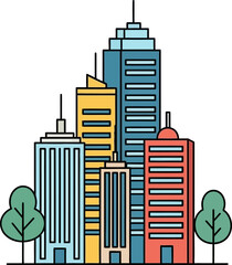 Obraz premium Colorful Cityscape Illustration with Modern Buildings and Green Trees.