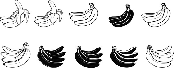Flat vector illustration of banana silhouettes, fruit icons, minimal food design, modern tropical graphic set, black outline and filled styles © TOMSINA