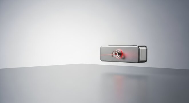 Laser sensor device emitting red beam. Optical transceiver for data transmission. Infrared distance sensor illustration
