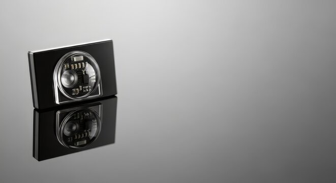 Infrared sensor module with visible circuitry. Optical transceiver component on reflective surface. IR data transmission hardware