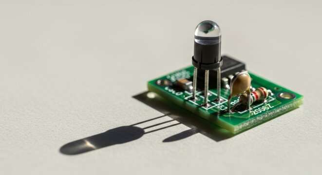 Macro photograph of an infrared sensor on a green circuit board. Close up of IR receiver electronic component casting a shadow