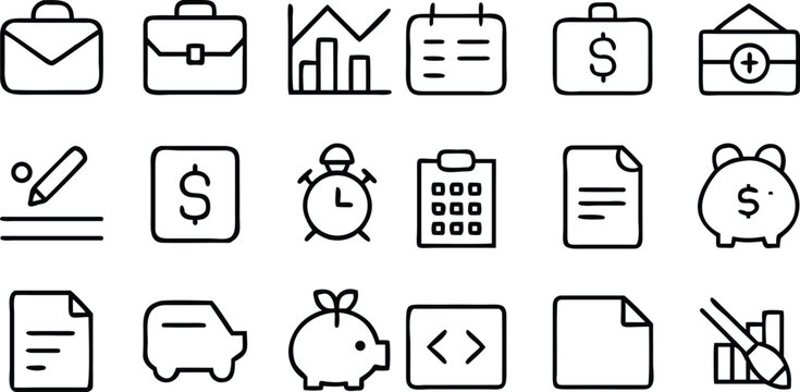 A collection of clean, modern line art icons representing various business and finance concepts, ideal for web design and infographics.