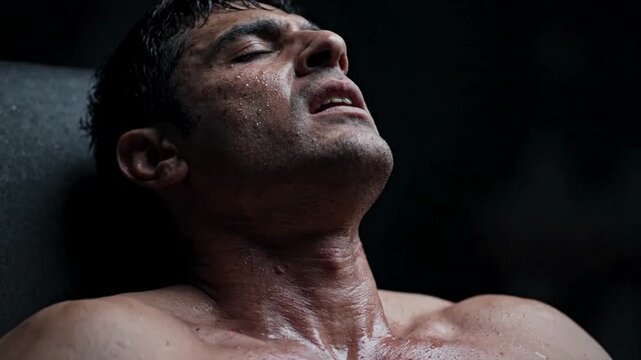 Intense Emotional and Physical Activation in a Close up Scene of a Male Character Expressing Pain and Ecstasy