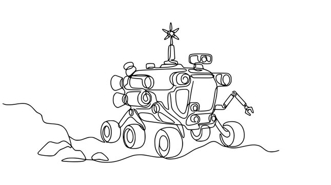 Continuous Line Drawing of a Mars Rover Exploring Rocky Terrain