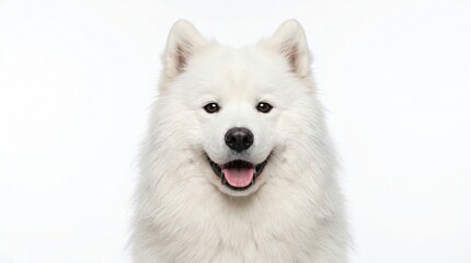 Fototapeta premium Fluffy Samoyed Dog Happy Face Portrait Isolated