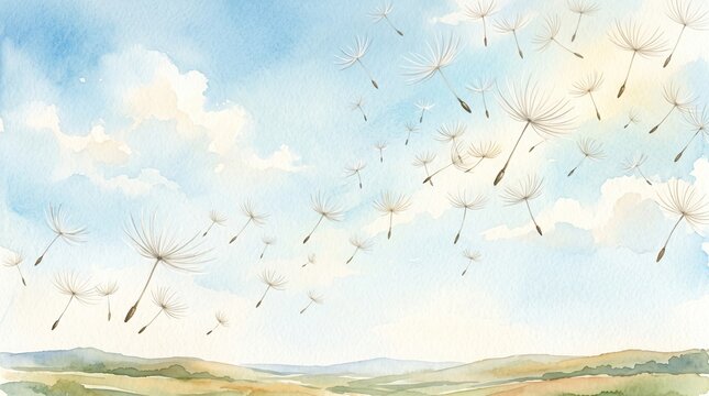 Dandelion Seeds Floating in a Cloudy Sky &ndash; Dreamy Landscape
