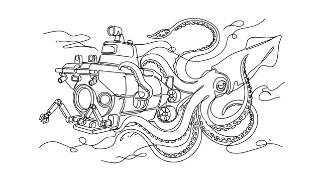 Submarine attacked by giant squid, line art illustration