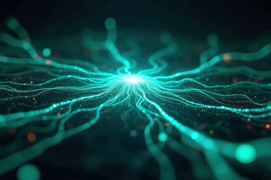 Abstract glowing cyan neural network of digital light particles