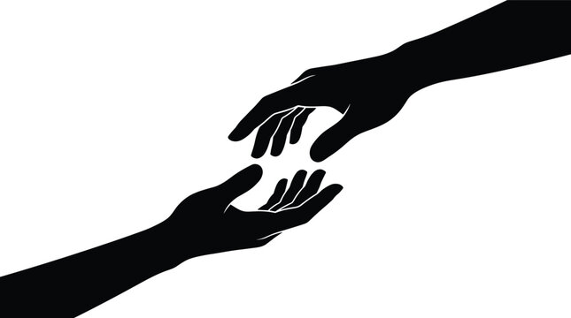 Flat vector illustration of helping hands silhouettes, support icons, minimal connection design, modern assistance graphic set, black outline and filled styles