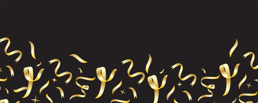 Gold Confetti Decorative Celebration Frame background. confetti explosion celebration party isolated on a black background. Falling golden ribbon for carnival, New Year, birthday