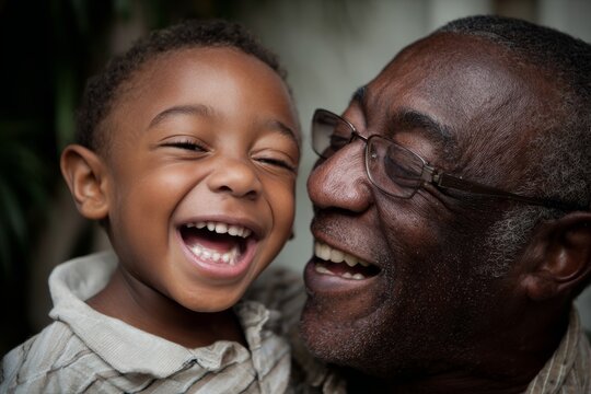 Diverse grandfather holding his grandson outdoors, both smiling and laughing with focus on joyful faces. Intergenerational love, happy family moment in natural light. Grandad.