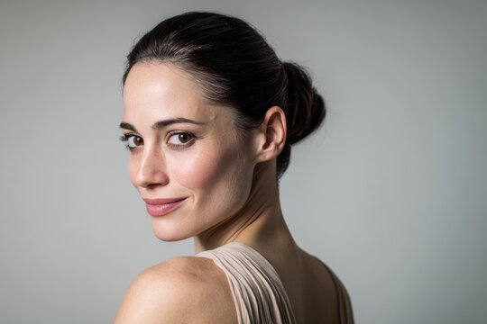 caucasian woman in her 50s, neat hair and small earring in minimalist beige dress, looking back over left shoulder, neutral background. Menopausal Hormone Therapy (MHT/HRT) 