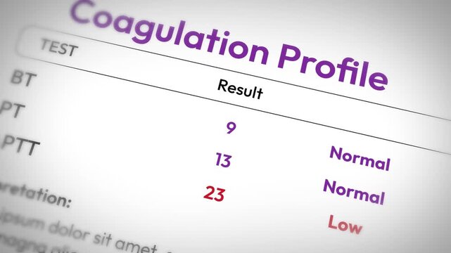 Coagulation profile test results with normal and low values for bt, pt and aptt in 4k animation
