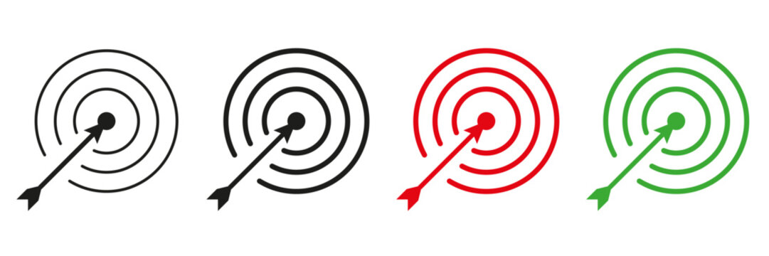 Target icon set with arrows hitting the center, symbolizing goal setting, focus and accuracy. Bullseye pictogram for success strategy and achievement. For business, strategy and marketing concept.