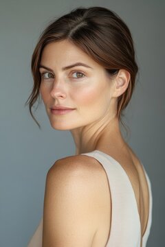 beautiful elegant woman in fourties looking over shoulder at camera, brown hair in bun, beige sleeveless top. Soft studio lighting, neutral background, shallow depth. Graceful aging.