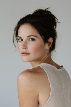 beautiful elegant woman in fourties looking over shoulder at camera, brown hair in bun, beige sleeveless top. Soft studio lighting, neutral background, shallow depth. Graceful aging.