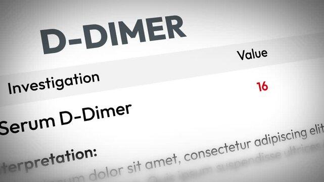 D-dimer test results design in medical report with highlighted value and interpretation text, 4k footage