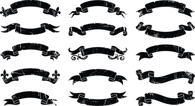 Flat vector illustration of ribbon silhouettes, vintage icons, minimal banner design, modern decorative graphic set, black outline and filled styles