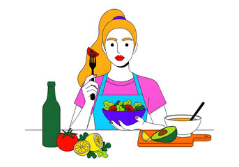 Fototapeta premium Young Woman Enjoying a Fresh Healthy Vegetable Salad Bowl for a Balanced Nutritious Lifestyle Meal Concept