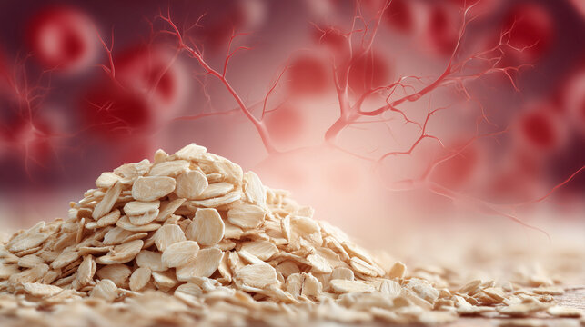 Pile of oat flakes with abstract biological background illustrating healthy nutrition digestion and cholesterol reduction concepts for wellness campaigns