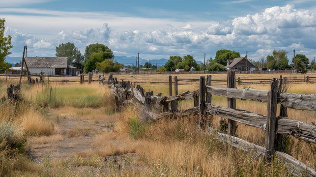 Abandoned rural homestead with dry grass and weathered wooden fences under cloudy sky creating nostalgic countryside atmosphere and isolation mood