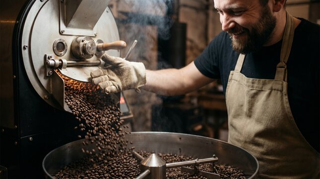  Candid lifestyle photography of a happy male coffee roaster checking freshly roasted beans. Unposed authentic emotion and craftsmanship concept