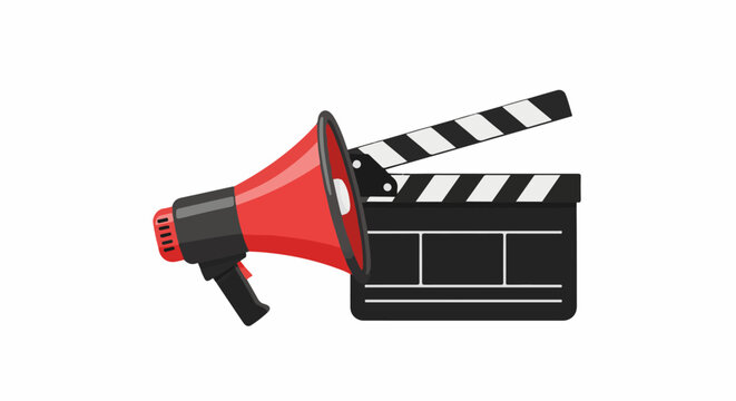 Red megaphone and film clapperboard, symbolizing announcement and movie production