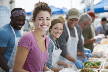 Fototapeta premium Volunteers preparing food together at a community outreach event highlighting teamwork generosity social support and local engagement