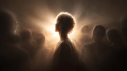 Person illuminated by radiant light among crowd creating spiritual atmosphere of inspiration, awakening and human connection © gleb