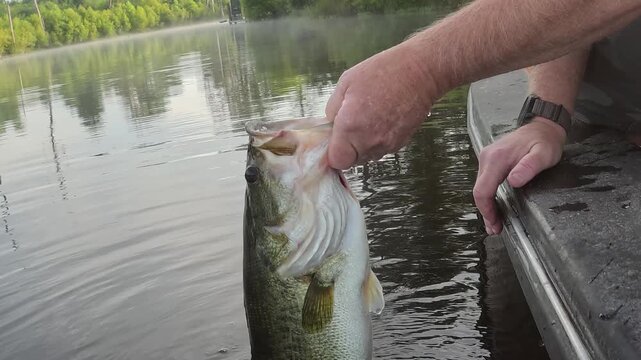 Largemouth Bass (Micropterus salmoides) fishing in Georgia, lifting trophy bass from water, slow-motion, 1/2th natural speed. the most popular freshwater sportfish in North America.