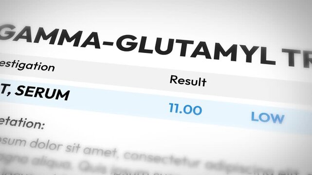 Gamma-glutamyl transferase blood test report analysis with serum results highlighted in blue for medical diagnosis 4k animation