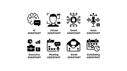 Fototapeta premium AI Assistant Icon Pack Collection – Virtual, Voice, Smart, Email and Scheduling Assistant Vector Icons