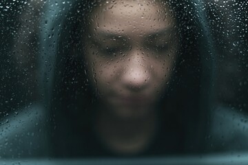 Fototapeta premium Rain droplets racing down a windowpane with a blurred figure in the background. Cinematic realism capturing mood, emotion and sensory atmosphere through light, water and obscured presence.