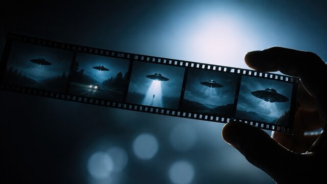 Photographic tape with multiple images of UFO sightings and unexplained aerial phenomena, concept of evidence, extraterrestrial declassification, secret files, paranormal investigation and mystery.