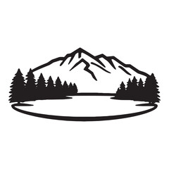 Fototapeta premium Minimalist black and white outline of serene mountain lake surrounded by pine trees for nature themed designs