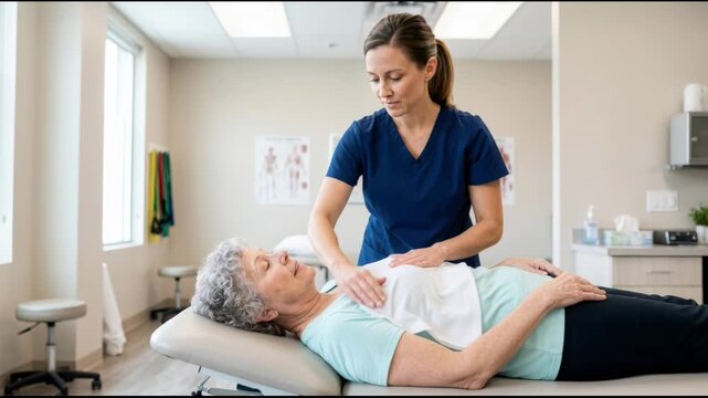 Caucasian physiotherapist treating senior woman in clinic. Patient lying on medical table receiving chest therapy. Rehabilitation professional assisting recovery process.