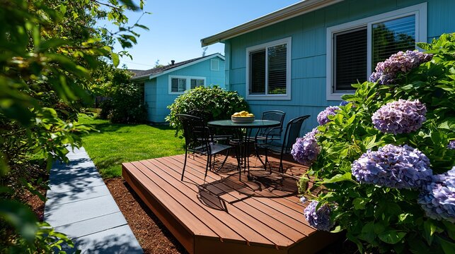 Outdoor wooden deck with patio furniture and purple hydrangea flowers near teal house siding in a peaceful residential garden setting at daytime