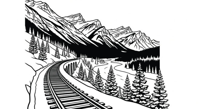 Railway Tracks Curve Through Scenic Landscape.