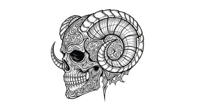 Ram Skull with Horns and Patterns.