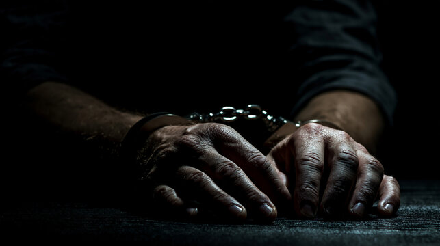 Handcuffed hands resting on dark table, criminal arrest interrogation detention justice police custody and legal restraint concept