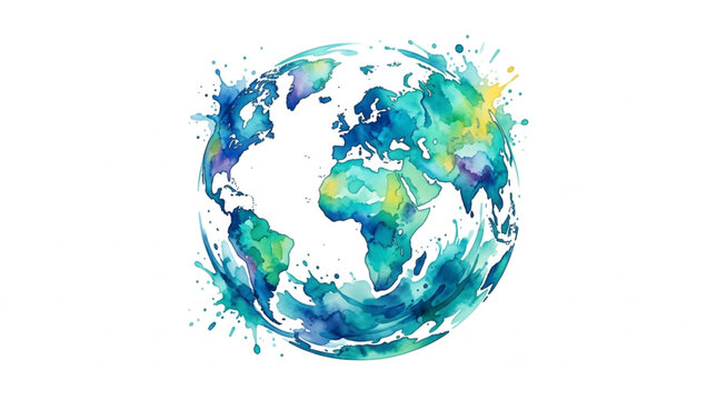 Watercolor Earth Splash Globe Illustration.