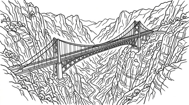 Ponte suspensa sobre um desfiladeiro rochoso em um desenho de linha.