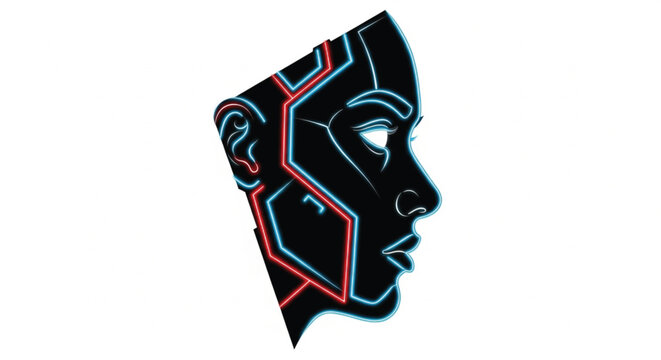 Robotic head with neon lines.