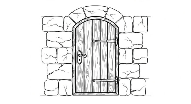 Old wooden door with metal gate.
