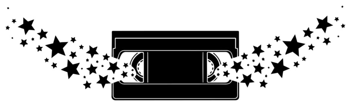 Retro VHS cassette tape with exploding stars for 80s 90s vintage media and magic movie concept
