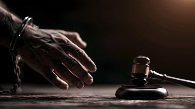 Handcuffed hand reaching toward judge gavel on dark courtroom table, criminal justice trial verdict and legal punishment concept