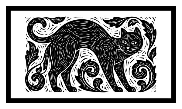 Decorative cat silhouette with floral ornaments in vintage linocut folklore style frame